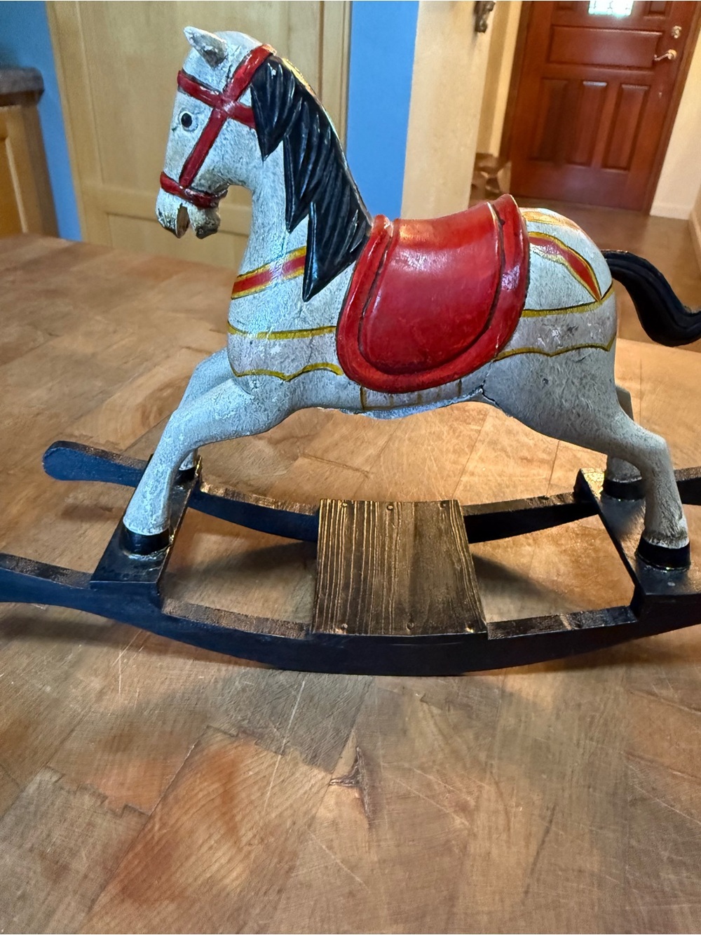 Classic Red & White Folk Art Wooden Rocking Horse Toy Decor Numbered Horse